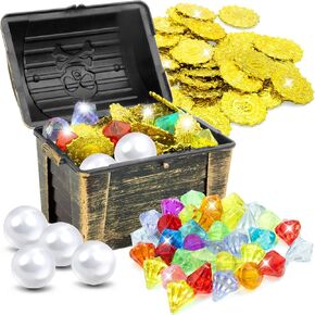 Diving Gems Pool Toys for Kids, 80 Pcs Pirate Treasure Chest Box with 35 Colorful Gemstones,40 Pirate Gold Coins,4 Big Pearls,Swim Water Dive Training Toys Pool Game Toys for Kids Ages 4-12