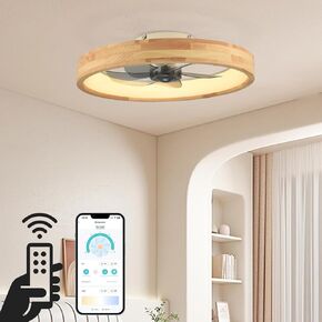 20" Ceiling Fan with Light, Dimmable LED Timing with Remote Control, 5 Invisible Reversible Blades Semi Flush Mount Low Profile Fan, Wood