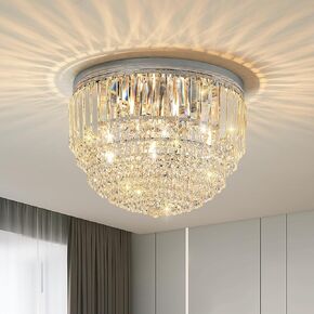 YMP&YZX 5-Lights Crystal Chandelier,15.7" Modern Ceiling Light Fixture Lamp,Flush Mount Round Metal Shade Chandelier E12 Base for Dining Room Living Room Bathroom Bedroom Chrome