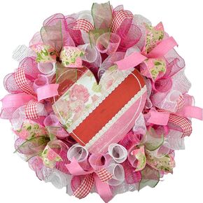 Farmhouse Valentine's Day Wreath - Heart Shaped Valentines Mesh Door Wreaths - Floral Decor - Red Pink White