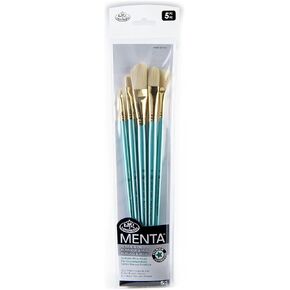 Royal & Langnickel Menta, 5pc Long Handle Filbert Variety Brush Set for Acrylic & Oil Paints, Includes - Filbert, Bright, & Fan Brushes Teal