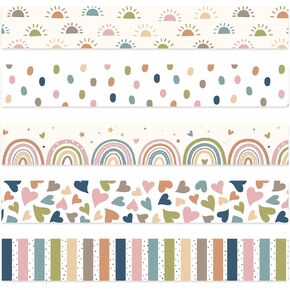 115Ft Boho Bulletin Board Borders Classroom Bulletin Boards Decoration Colorful Boho Heart Rainbow Dot Stripe Bulletin Border Stickers for School Classroom Office Wall Chalkboard Party Decor, 100Pcs