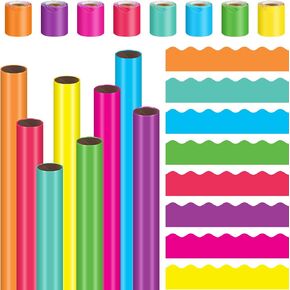 4x15ft 8 Pcs Bulletin Board Paper Rolls of 8 Colors and 8 Pcs Colorful Borders for Bulletin Board Large Colored Craft Paper Board Decorations for Drawing Painting Classroom Decor