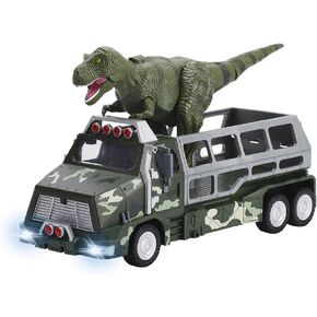 Dazmers Dinosaur Transport Truck - Toy Die-Cast Jurassic World Transporter Jungle Truck and Durable 9 Inch Tall Tyrannosaurs Rex Dinosaur Toy - Fun Dinosaur Playset for Kids Ages 3 and Up