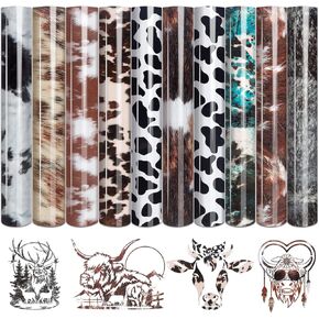 Tintnut Cowhide HTV Vinyl - 10 Sheets 12 x 10 inches Brown Heat Transfer Vinyl Animal Printed Patterned HTV Iron on Vinyl for T-Shirts DIY Compatible with Cricut or Silhouette Cameo