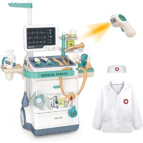 Deluxe Doctor Kit for Toddlers, Pretend Medical Station Set for Boys & Girls, 28 Accessories,Mobile Cart with Lights, Includes Doctor's Uniform、Thermometer, Doctor Kit for Kids 3-5 Years Old