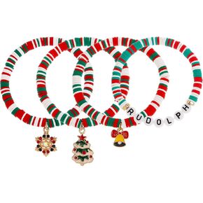 Christmas Clay Bracelets Stack Set for Women, Cute Charm Heishi Beaded Stretch Bracelets Holiday Festive Holiday Accessories Jewelry Gifts.