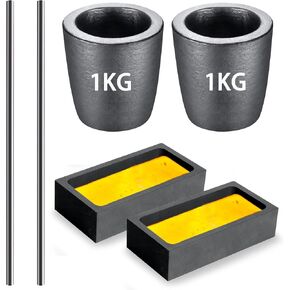6 Pieces Graphite Crucible Ingot Mould Kit, Including (2 * 1kg) Clay Graphite Crucible for Metal Melting, (2 * 1kg) Graphite Torch Smelting Casting Ingot Mold, 2 Graphite Stir Rod Stick Skimmer