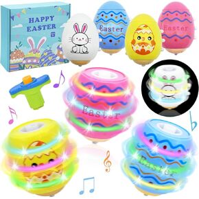 Easter Basket Stuffers for Kids - 4 Pack Light Up Spinning Tops with Flash and Music, Egg Fillers for Boys Girls Toddlers, Glow in The Dark Hunt Prizes Goodie Bag Toys Party Favors Gift Ideas