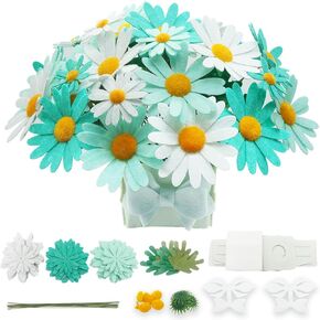 BAZIMA DIY Felt Flower Art Craft Kit,DIY Felt Daisy Bouquet Kit,30 Daisy, Floral Gifts,Beginner Craft Kit,Arrange Pre-Cut Felt Flowers and Foliage (Mint Green)