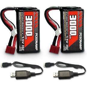 7.4V Li-ion Battery 3000mAh 2S with Deans T Plug Rechargeable High Capacity RC Battery Fit for WLtoys 4WD High Speed RC Cars and Most 1/10, 1/12, 1/16 Scale RC Cars Trucks with 2 USB Chargers
