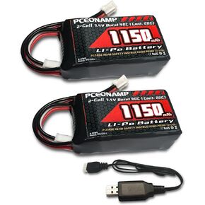 2S Lipo Battery 1150mAh 7.4V for SCX24 Burst 40C with PH2.0 Plug Rechargeable High Capacity RC 7.4V Lipo Battery Fit for 1/18, 1/24 Scale RC Cars Trucks with 1 USB Charger （2packs）