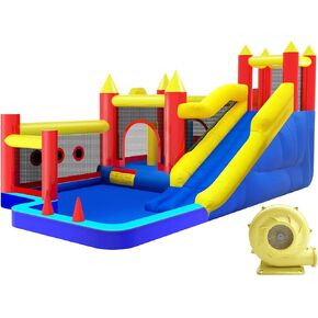 Bounce House,Inflatable Bouncer with Air Blower for Kids 3-10,Outdoor and Indoor Jumping Castle with Long Slide,Trampoline,Obstacles,Climbing Wall,Ball Pit/Water Pool