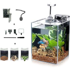 1.2 Gallon Betta Aquarium Kit, Glass Fish Tank with Self Cleaning Filter Light Gravel Plants Cleaning Tool Set, All in One Kit Water Pump Complete Desktop Small Fish Keeping