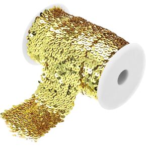 MECCANIXITY 5.5 Yards 3 Inch Elastic Sequins Trim 3 Row Flat Sequin Strip Paillette Sequins Fabric Ribbon for Crafts DIY Sequin Fringe Sewing Gold