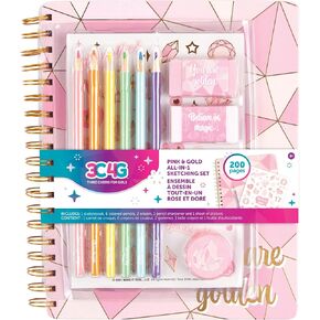 Three Cheers for Girls - Pink & Gold All-In-1 Sketchbook Set - Girls Diary, Journal, Sketch Book for Kids w/ Pencils, Stickers & More - Drawing Kit for Kids - Unlined Diary for Girls - Kids Sketch Pad