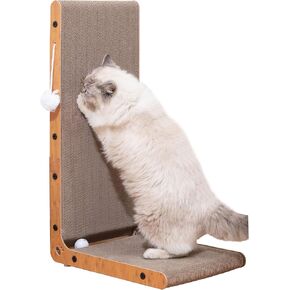 Megidok Cat Scratcher, 26.7" L Shape Cat Scratcher, Vertical Cat Scratching Board, Cat Scratch Pad Cardboard Cat Scratching with Ball Toy, Wall-Mount Cat Scratchers for Indoor Cats