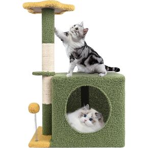 Cat Scratching Post with Cozy Cat Condo, Natural Sisal Scratching Post and Cat Ball Toy for Indoor Cats, Cat Tree Tower for Small Cats