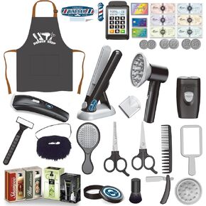 Kids Hair Salon Toys, Toddler Shaving Kit and Styling Toy Set with Blow Dryer, Wearable Beard, Razors, Scissors, Barber Costume Apron and Pretend Play Stylist Shave Accessories for Boys Girls 3-5