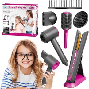 Girls Hair Salon Toys for Girls Beauty Salon Deluxe Styling Set -Kids Hair Dryer Toy, Straightener Hairdryer with Real Function, Interactive Lights & Sounds Fashion Play Set for Children Age 3+