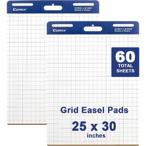 Comix Grid Sticky Easel Pad, 25 x 30 Inches Flip Chart Paper for Teachers, Large Self-Stick Pads for Office School, 30 Sheets/Pad, 2 Pads/Pack