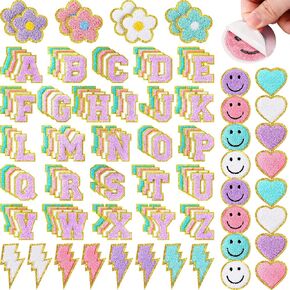 136 Pcs Chenille on Patches for Clothing Letter Self Adhesive Cute Rainbow Smile Face Love Heart Patches for Jeans Embroidered Applique (Novel Style)