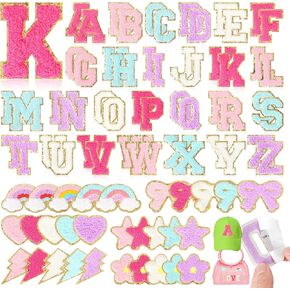 Chenille Letter Patches Self-Adhesive for Backpacks: Funcolor 82PCS Stick on Varsity Letter Patches - Cute Star Lightning Heart Rainbow Chenille Patch Stickers for Clothing Hats Bags