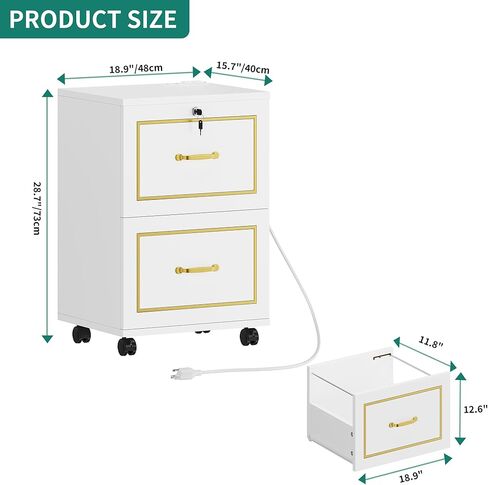 خزانة ملفات درج DWVO 2 مع محطة شحن ، ودخول الخزانة مع القفل والعجلات ، وخزانة الملفات الجانبية لمكتب المنزل ، والأبيض والذهبي in Kuwait