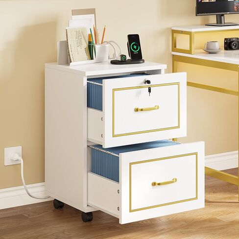 خزانة ملفات درج DWVO 2 مع محطة شحن ، ودخول الخزانة مع القفل والعجلات ، وخزانة الملفات الجانبية لمكتب المنزل ، والأبيض والذهبي in Kuwait