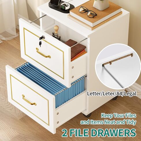 خزانة ملفات درج DWVO 2 مع محطة شحن ، ودخول الخزانة مع القفل والعجلات ، وخزانة الملفات الجانبية لمكتب المنزل ، والأبيض والذهبي in Kuwait