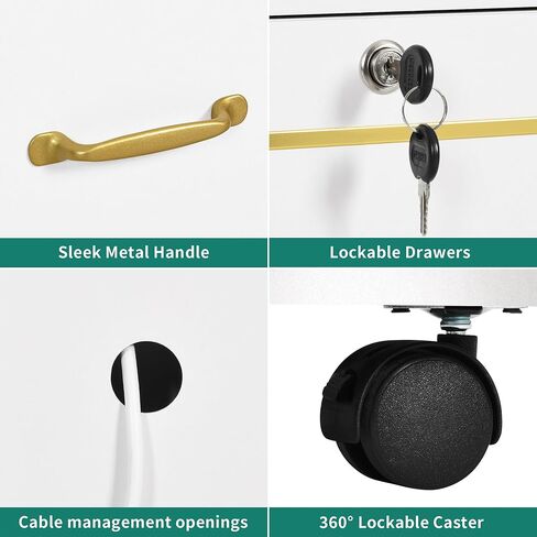 خزانة ملفات درج DWVO 2 مع محطة شحن ، ودخول الخزانة مع القفل والعجلات ، وخزانة الملفات الجانبية لمكتب المنزل ، والأبيض والذهبي in Kuwait