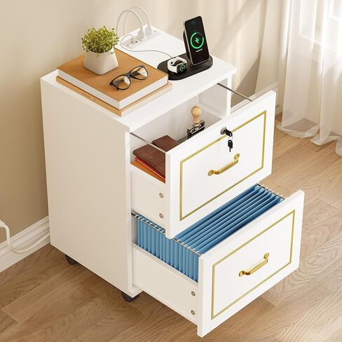 خزانة ملفات درج DWVO 2 مع محطة شحن ، ودخول الخزانة مع القفل والعجلات ، وخزانة الملفات الجانبية لمكتب المنزل ، والأبيض والذهبي in Kuwait