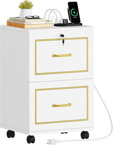 خزانة ملفات درج DWVO 2 مع محطة شحن ، ودخول الخزانة مع القفل والعجلات ، وخزانة الملفات الجانبية لمكتب المنزل ، والأبيض والذهبي in Kuwait