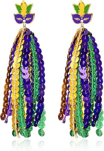 Mardi Gras Theme Earrings for Women Colorful Carnival Tassel Earrings Glitter Mask Feather Dangle Earrings Celebrations Party Jewelry Gifts (Sequin Mask) in Kuwait