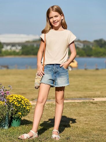 Haloumoning Girls Cap Sleeve T Shirts Kids Summer Crewneck Solid Tops Tees 5-14 Years in Saudi Arabia