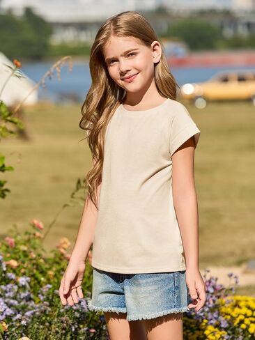 Haloumoning Girls Cap Sleeve T Shirts Kids Summer Crewneck Solid Tops Tees 5-14 Years in Saudi Arabia