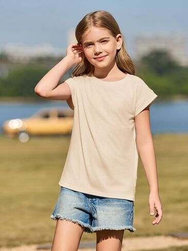 Haloumoning Girls Cap Sleeve T Shirts Kids Summer Crewneck Solid Tops Tees 5-14 Years in Saudi Arabia