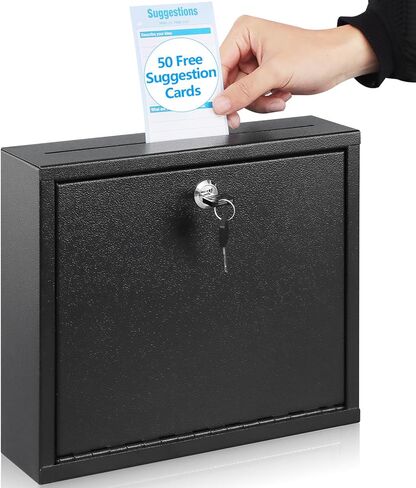 KYODOLED Suggestion Box with Lock and Slot, Small Locking Mailbox for Office, Safe Key Drop Box for Money, Wall Mount Donation Box Ballot Box with 50 Free Suggestion Cards,9.8" W x 3" D x 7" H, Black in Kuwait