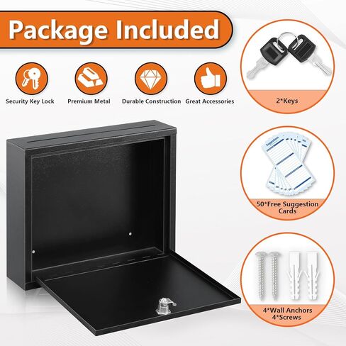 KYODOLED Suggestion Box with Lock and Slot, Small Locking Mailbox for Office, Safe Key Drop Box for Money, Wall Mount Donation Box Ballot Box with 50 Free Suggestion Cards,9.8" W x 3" D x 7" H, Black in Kuwait