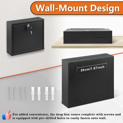 KYODOLED Suggestion Box with Lock and Slot, Small Locking Mailbox for Office, Safe Key Drop Box for Money, Wall Mount Donation Box Ballot Box with 50 Free Suggestion Cards,9.8" W x 3" D x 7" H, Black in Kuwait