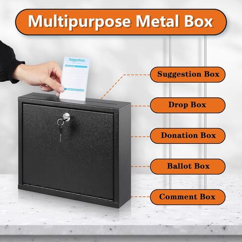 KYODOLED Suggestion Box with Lock and Slot, Small Locking Mailbox for Office, Safe Key Drop Box for Money, Wall Mount Donation Box Ballot Box with 50 Free Suggestion Cards,9.8" W x 3" D x 7" H, Black in Kuwait