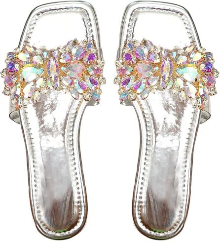 Verdusa Women's Rhinestone Clear Flat Sandals Square Toe Slides Sparkle Transparent Sandals in Saudi Arabia
