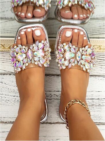Verdusa Women's Rhinestone Clear Flat Sandals Square Toe Slides Sparkle Transparent Sandals in Saudi Arabia