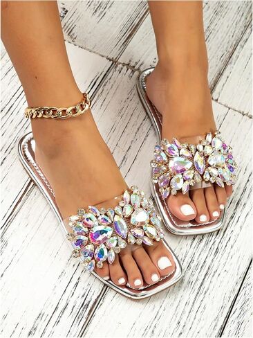 Verdusa Women's Rhinestone Clear Flat Sandals Square Toe Slides Sparkle Transparent Sandals in Saudi Arabia