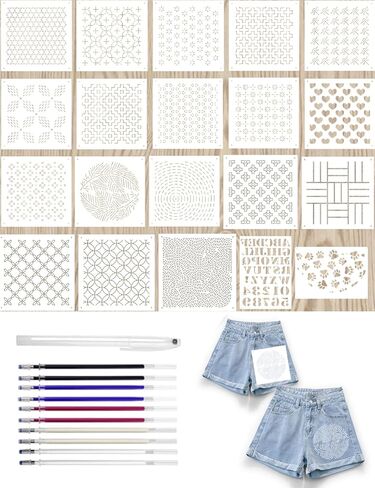 Gezan 20 PCS Sashiko Stencil Kit Kit 10 Pack Water Fabric Fabric Pen Seucing Electory Plassy Plastic Temproidery Patterns Template Line Line for Hand اللحف والتطريز Sashiko in Kuwait