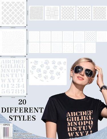 Gezan 20 PCS Sashiko Stencil Kit Kit 10 Pack Water Fabric Fabric Pen Seucing Electory Plassy Plastic Temproidery Patterns Template Line Line for Hand اللحف والتطريز Sashiko in Kuwait