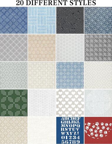 Gezan 20 PCS Sashiko Stencil Kit Kit 10 Pack Water Fabric Fabric Pen Seucing Electory Plassy Plastic Temproidery Patterns Template Line Line for Hand اللحف والتطريز Sashiko in Kuwait