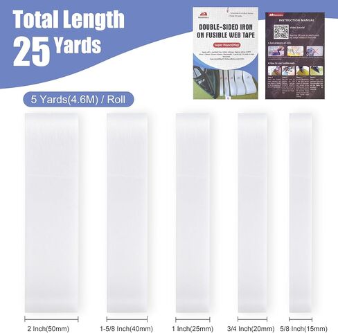 5 Rolls Iron-On Hemming Tape, Extra Strong Adhesive 90GSM, 5 Widths, 5 Yards/Roll, No-Sew Fabric Tape for Pants, Dresses, Curtains, Hem Tape for Clothes in Kuwait