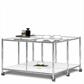 Matte Coffee Table with Open Storage, Square Tempered Glass Storage Rolling Coffee Table, Modern Design for Living Room, Meeting Room (White)