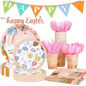 Easter Party Supplies, 168Pcs Easter Party Tableware, Happy Easter Bunny Egg Themed Disposable Paper Plates Napkins Forks Dinnerware Set Easter Party Decorations, Serve 24 Guests